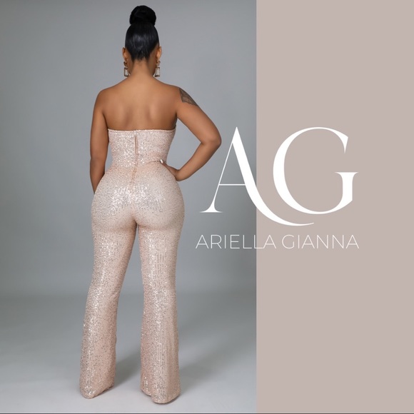 Champagne Glitter Flare Legged Jumpsuit - Picture 2 of 4